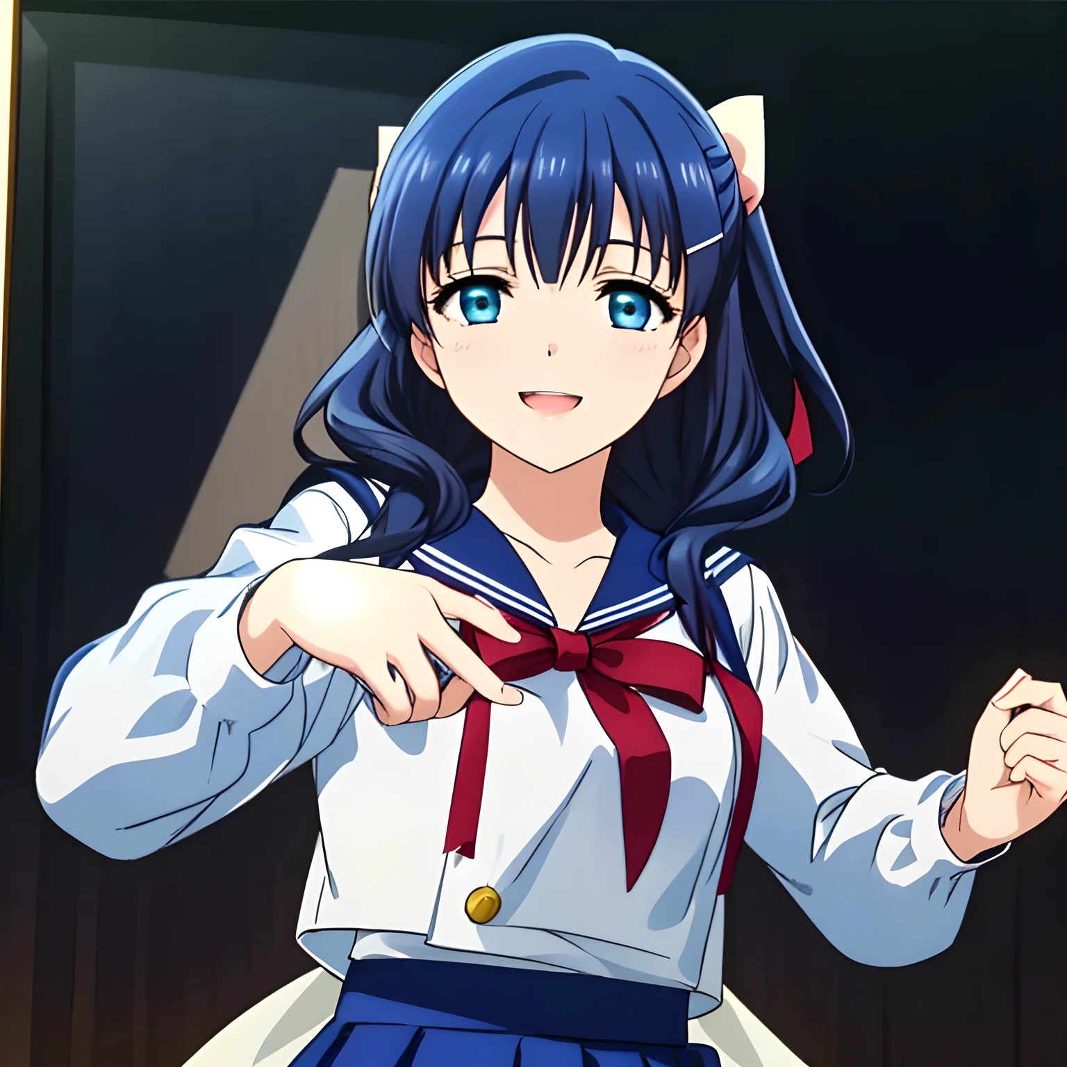 (highest quality, masterpiece, Full HD, High definition, High saturation and contrast to enhance female beauty: 1.2), (Japanese Game CG art of a solo beautiful giggling noble elegant girl kisses deeply to a completely transparent material, charming elegantly, Noble Elegant but lecherous salacious insane and lascivious, sailor uniform: 1.5), (Just one very beautiful date-game noble heroine who is looking and laughing at me, Very detailed cute noble 15yo heroine's noble eyes and face, Beautiful giggling eyes with detailed: 1.4), (Super-long bottom-eyelashes: 1.2), (Girl whom everyone loves because of her beauty and lovely fashion and noble manner and mind of evil succubus and magical-charm of evil succubus: 1.0), (Very beautiful, wavy, cutely super-super-long dark-dark-blue-dark-blue rich hair, with elegant hair ribbons, spreading on whole the screen: 1.3), (Laughing very beautiful and sapphire-blue mature intelligent cute-eyes which charms and enslave me inevitably, with clearly detailed: 1.4), (Eyes are clearly detailed), (very long eyelashes: 1.0), (Realistic noble neat noble school navy-colored sailor uniform with a noble expensive glossy red ribbon on the chest: 1.4), (Realistic Charming neat navy-colored deeply pleated long expensive school skirt: 1.5), (Soprano singer of classic music: 1.6), (Can't stop giggling: 1.6), Clear skin, (Nothing except black background: 1.5), dark-blue hair, (shot from her side: 1.0), deep french kiss