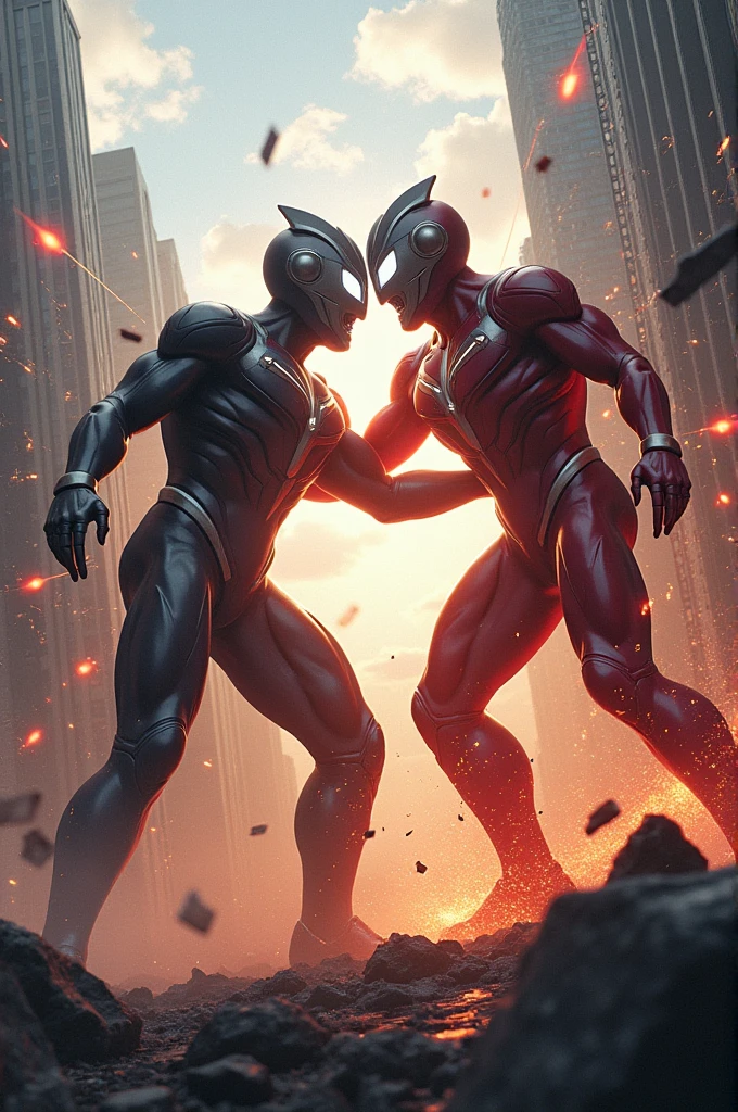 (photorealism: 1.2), villain, muscular man, dressed in a purple futuristic suit, wearing a purple helmet, fighting a heroine with a yellow futuristic suit, with a futuristic helmet, with the wasp-style suit, exterior , destroyed city, villains and heroes fighting in the background, destroyed buildings, reddish sky, warm colors