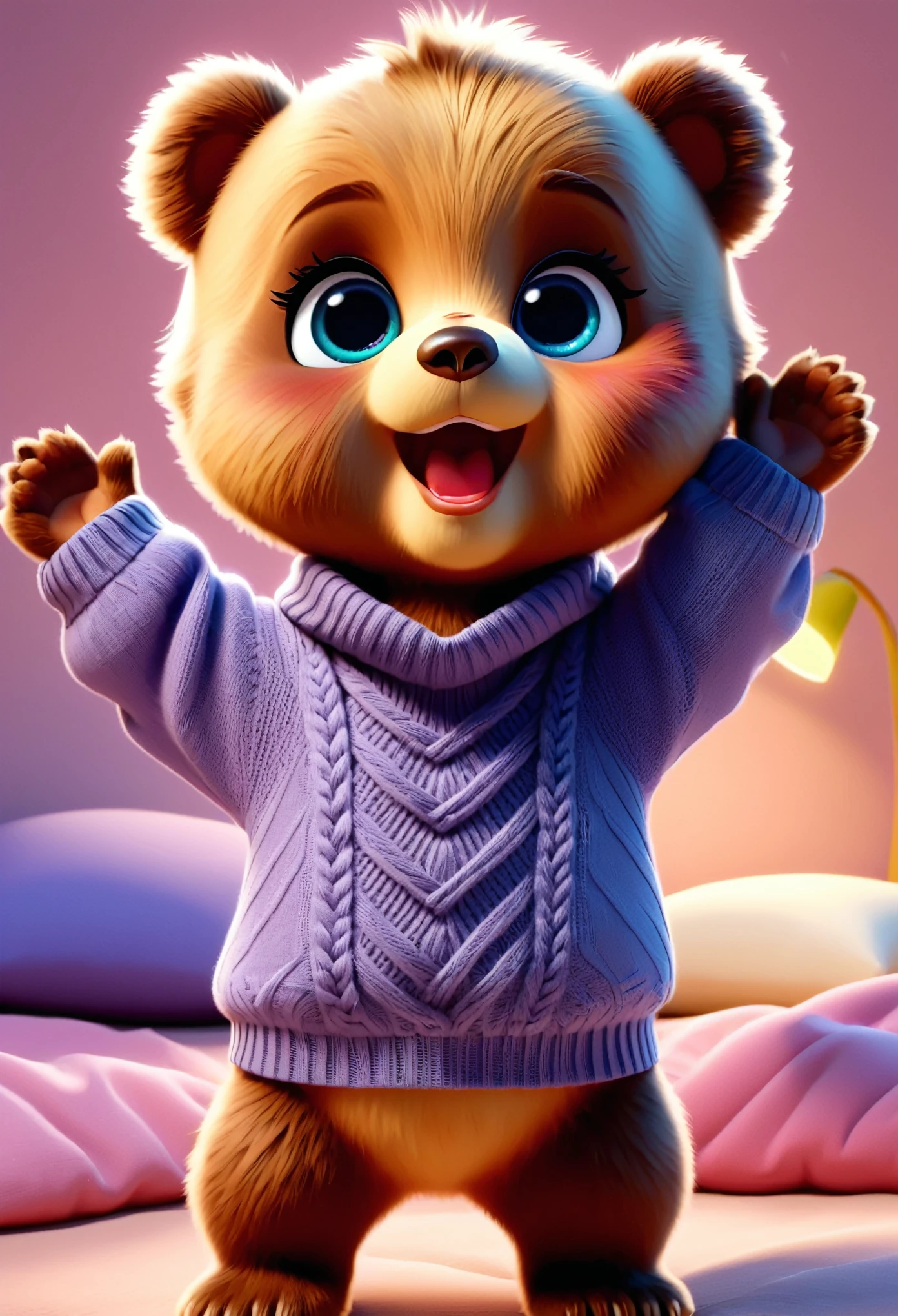 cute baby bear, cartoon , arms, hands ,cute eyes, looking at viewer, arms up, clothes, flawless, florest, standing, sweater, nightfall