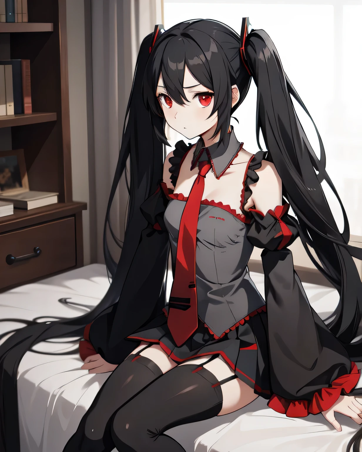 (masterpiece), best quality, expressive eyes, thigh boots, black thighhighs, garter straps, zettai ryouiki, fringe, pleated skirt, black skirt, miniskirt, red necktie, puffy sleeves, medium breasts, frilled sleeves, detached sleeves, black sleeves, juliet sleeves, long sleeves, grey shirt, cleavage cutout, red neckwear, grey collar, detached collar, bare shoulders, red eyes, hair between eyes, parted bangs, sidelocks, hair ornament, twintails, black hair, absurdly long hair, zatsune miku