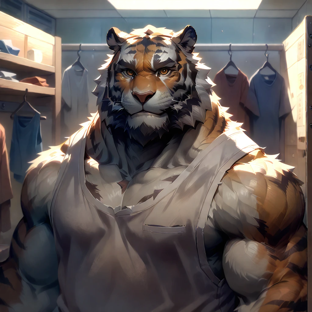 full body, (white brief), (white tank top), ((plump middle-aged tiger man)), light smile, standing, (brown eyes), beautiful beard, (male face), (big face:0.6), square jawline, (Male Eyes:1.2), (sharp eyes:0.8), (big eyes:0.5), male eyebrows, (innocent look:0.5), fluffy body, BREAK changing room, highly detailed,