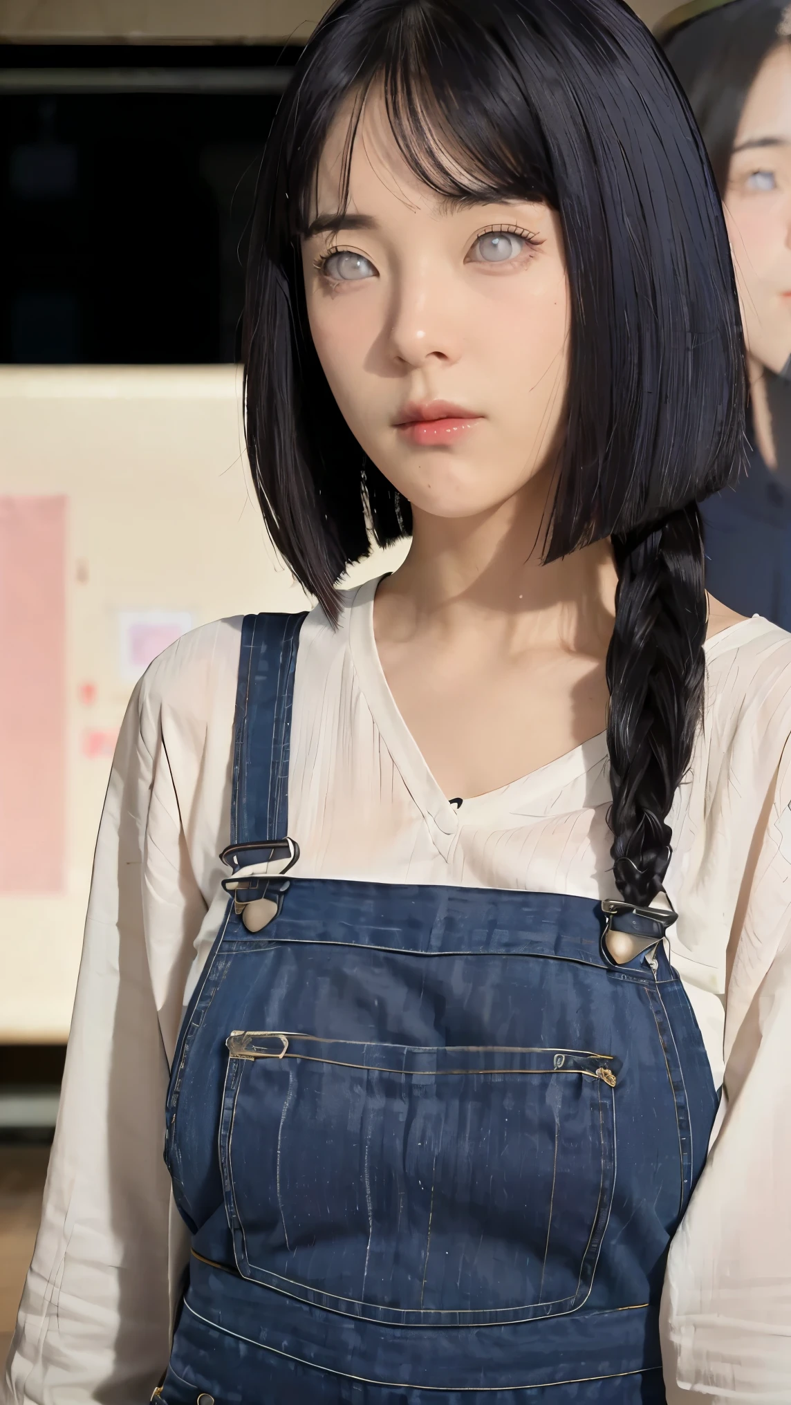 Masterpiece， best quality， Very detailed， illustration，1 girl，
long white hair，dark blue hair，french braid，purple eyes，smooth, blunt，rift，Big Breasted Shirt，（Jeans overalls：1.1），
Medium bust， 
looking at the audience，Hyukja/（Boruto/），detailed lips