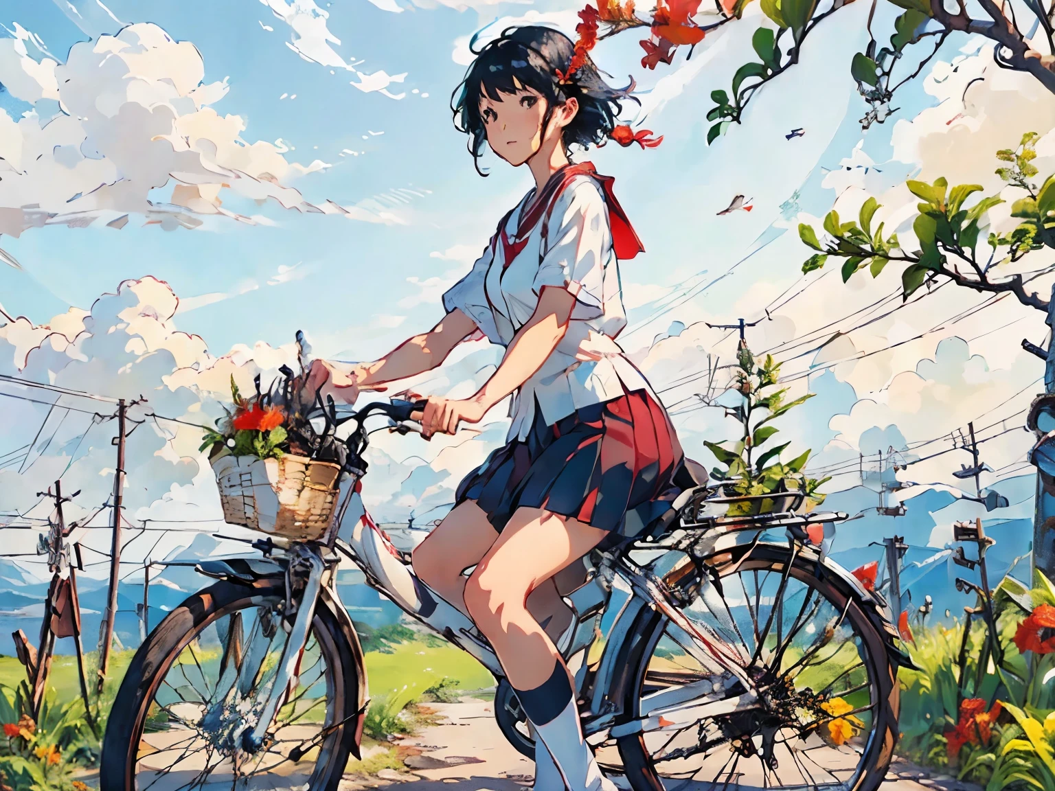 (Riding a white bike、Japanese high school girl running briskly)、Short-sleeved white sailor suit、Black Hair、black eye、Medium Hair、short hair、Straight hair、smile、Stretched smoothly、Well-proportioned physique,、Wear loafers、Breeze、(Red canna flowers blooming)、Palm tree、countryside、A little overgrown grass、Beautiful blue sky and white clouds、(Highest quality, masterpiece, High resolution)、8k、wallpaper、