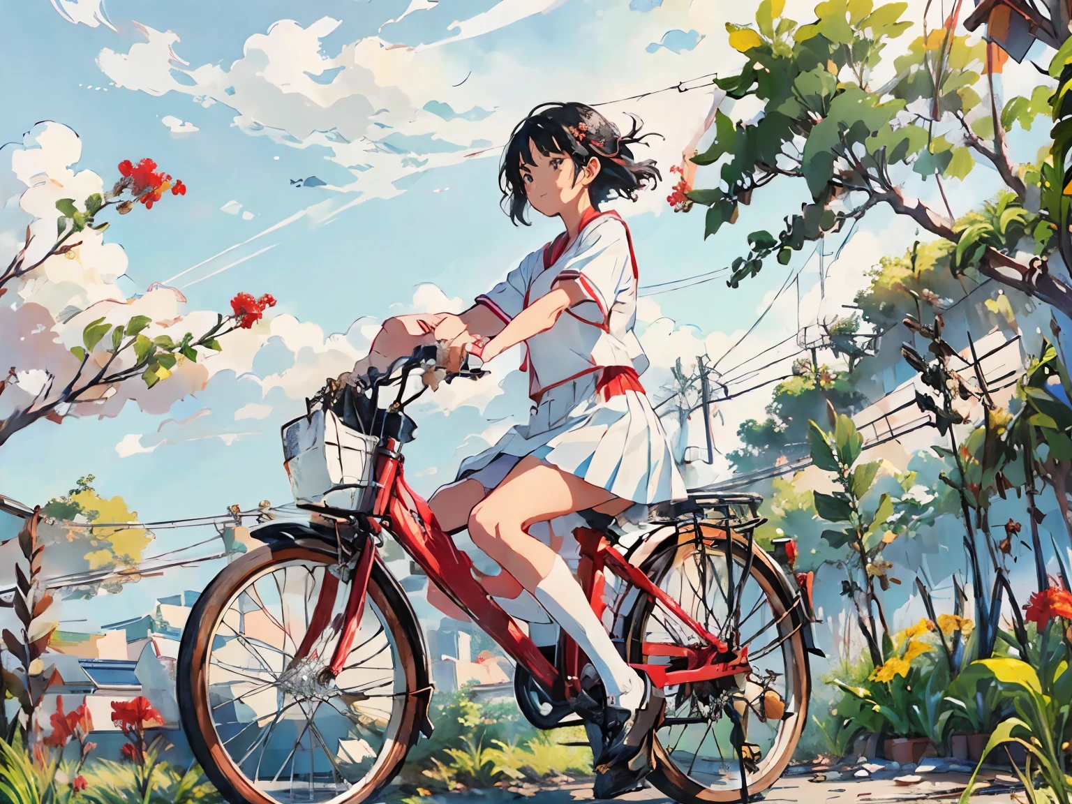 (Riding a white bike、Japanese high school girl running briskly)、Short-sleeved white sailor suit、Black Hair、black eye、Medium Hair、short hair、Straight hair、smile、Stretched smoothly、Well-proportioned physique,、Wear loafers、Breeze、(Red canna flowers blooming)、Palm tree、countryside、A little overgrown grass、Beautiful blue sky and white clouds、(Highest quality, masterpiece, High resolution)、8k、wallpaper、