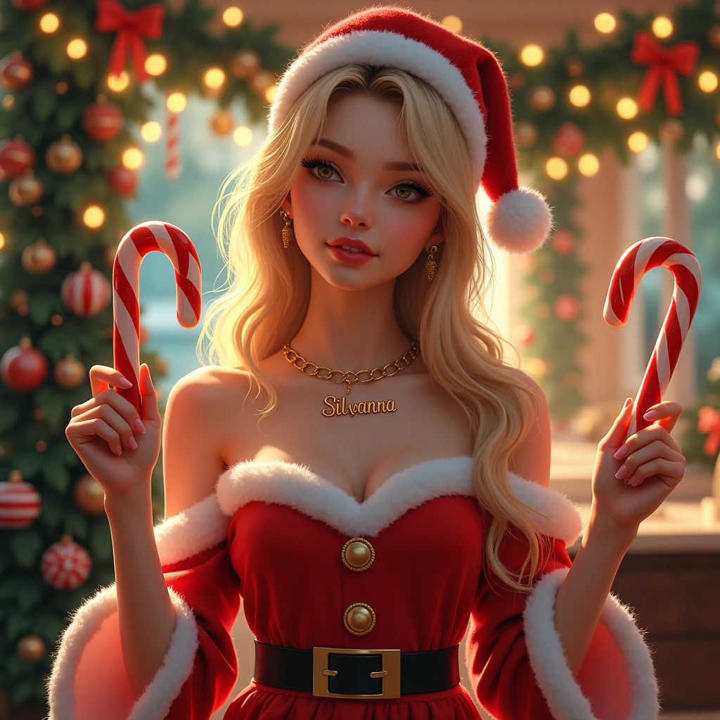 a woman holding a one long christmas candy cane and blonde hair with one sided bangs and wearing a necklace with the name "SILVANNA" written on it and wearing santaclaus cloths and a chrismast theme background with chrismast lights and chrismast tree