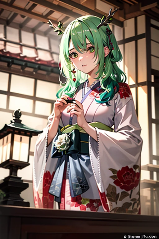 masterpiece、Highest quality、high resolution、Very beautiful artwork、Detailed Description、One woman、Ceres Fauna、Green Hair、Branch-like horns、long hair、Japanese Kimono、Japanese style architecture、night