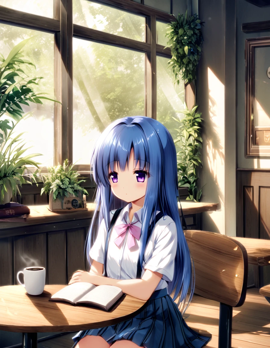 quiet cafe, (Rika Furude), woman, alone, Long Hair, Blue Hair, Purple eyes, school uniform, Pink Ribbon, Collared shirt, Pleated skirt, suspenders, Flat Chest, Wooden table, Soft light coming through the large windows, Coffee cup, Book, Foliage plant, Calm atmosphere, Simple interior