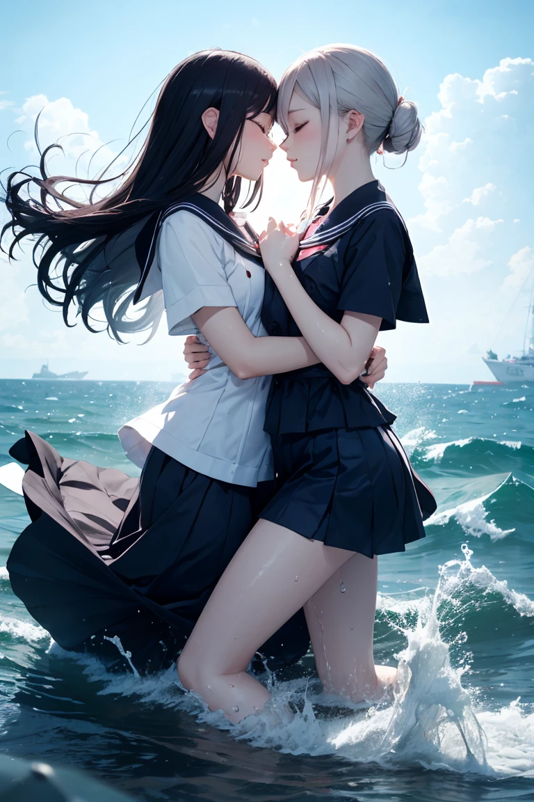 (8k, super high quality, masterpiece, Ultra-high resolution), Two girls, Embrace each other, Kissing, Lips touching, romantic, Close your eyes, Ocean, Wavy, Tops are sailor suits, ribbon, Gothic Skirt, navy blue, Long skirt, (Gothic long), My clothes are shining when wet, Lots of water all over the body, splash, (Submersion), Lots of water, Lots of water滴, (Water up to my chest), drenched, (drowning)