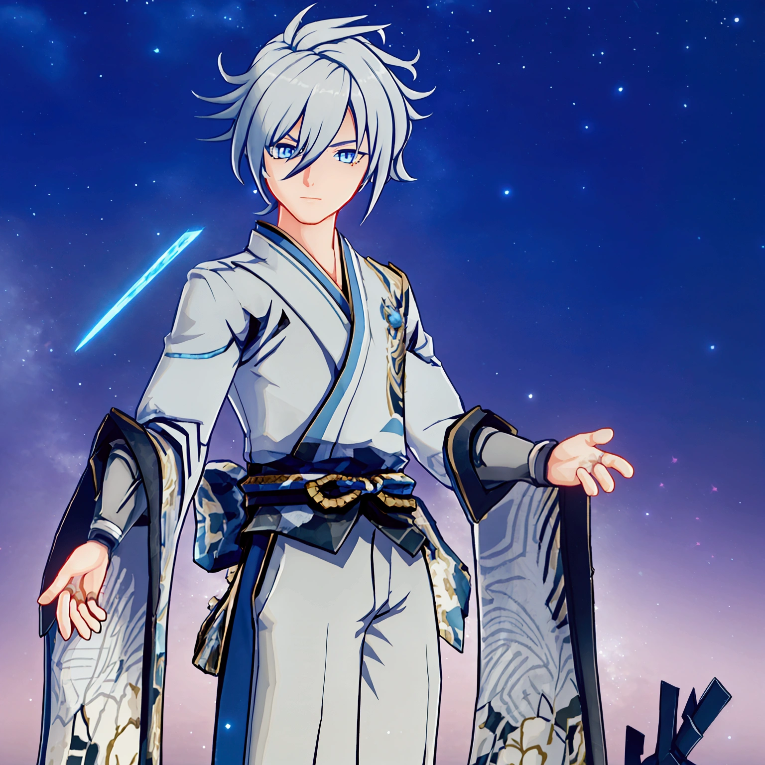 masterpiece, best quality, 3d, 1boy, solo, male, white-gray kimono, android, robot, blond hair, elements of ice and frost on clothes, light blue eyes, 36 years, an adult person, small cracks, Zane from Ninjago