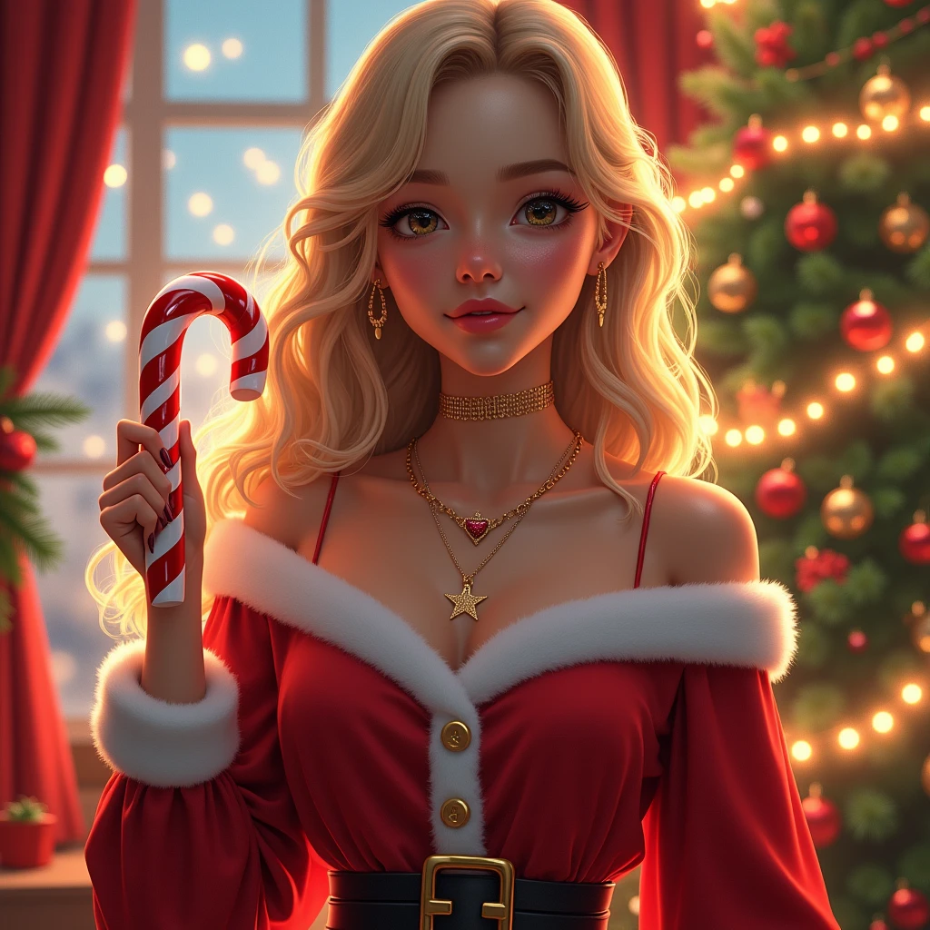 a woman holding a one long christmas candy cane and blonde hair with one sided bangs and wearing a necklace with the name "SILVANNA" written on it and wearing santaclaus cloths and a chrismast theme background with chrismast lights and chrismast tree