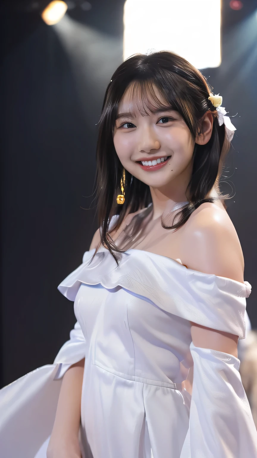 (8k、RAW Photos、Highest quality、masterpiece:1.2)、(Realistic、Realistic)、1 girl、((White off-the-shoulder dress、on stage、Get noticed、View from the front、smile、Looking into the camera 、smile、Upper body photo:1.5))、Leaning forward、cute、Large Breasts、(((Sing with a microphone)))