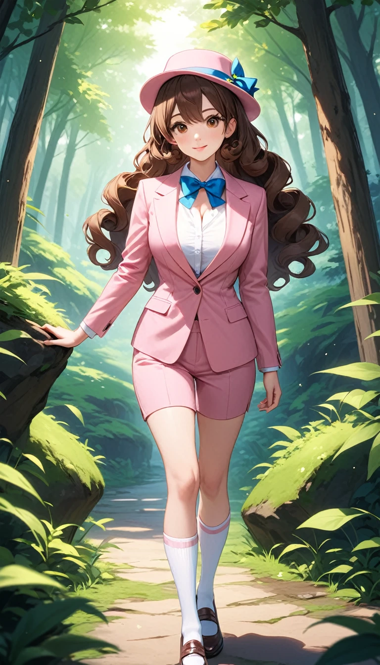 (masterpiece), highest quality, One girl, alone, Pink Suit, Pink jacket, Cleavage, You Nature Women, Medium chest, lips, View Viewer, Are standing, Long white socks, Thigh socks, Brown Hair, Long Hair, Curly Hair, Brown eyes, whole body, White shirt, Collared shirt, smile, Mouth closed, Pink business suit,Pink hat、Blue bow tie