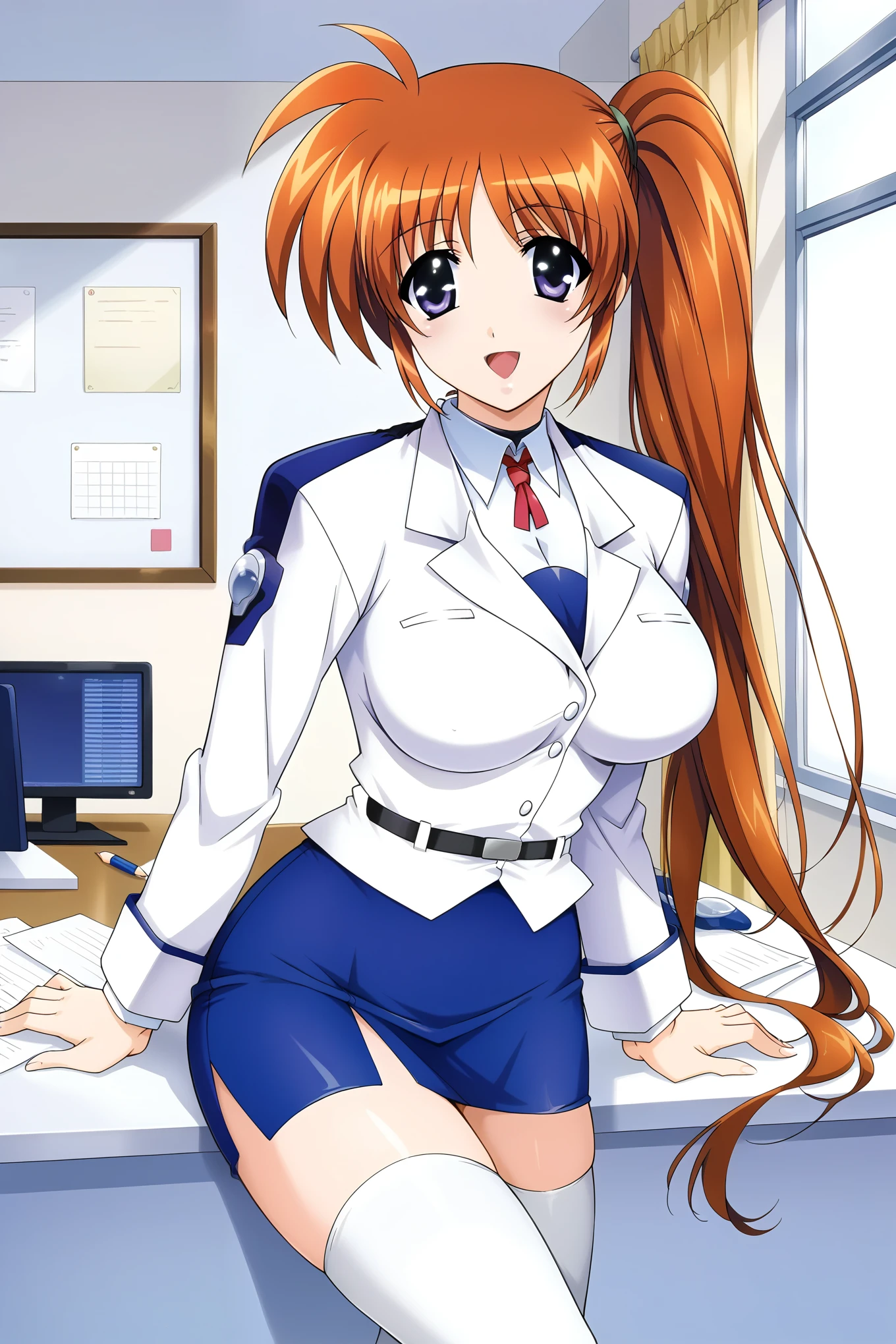 score_9, score_8_up, score_7_up, masterpiece, best quality, very aesthetic, absurdres, source_anime, beautiful detailed eyes, BREAK 1girl, solo, takamachi nanoha, long hair, side ponytail, red hair, purple eyes, large breasts, military uniform, white jacket, long sleeves, blue pencil skirt, white thighhighs, BREAK smile, open mouth, sexy pose, insaide, office room,