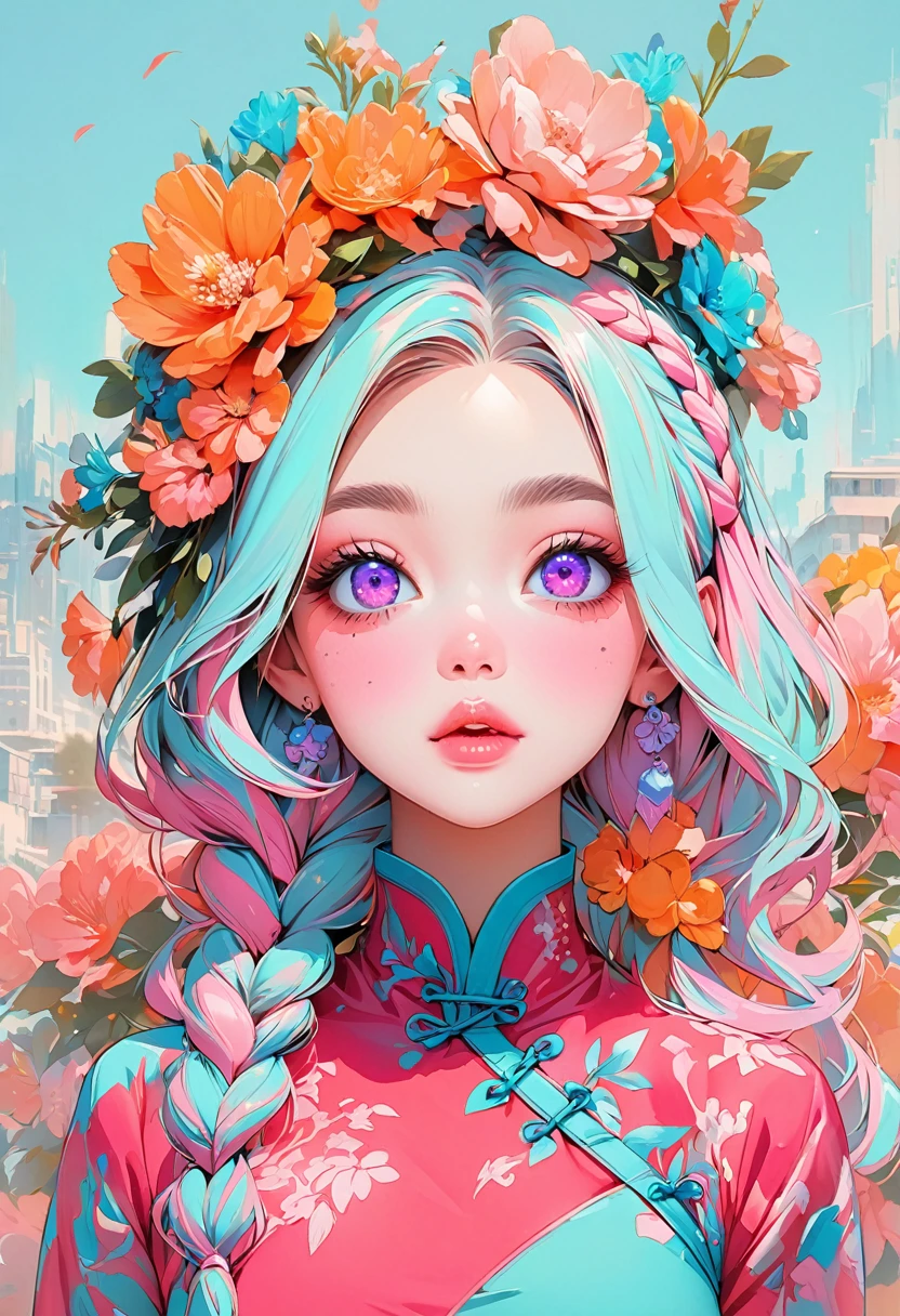 (Highest quality:1.4, City Pop Style, Very detailed, up to date, Vibrant, High Contrast, ), Gal, One person, alone, ((Face Up Shot:1.4)), Neon Color Hair, Braid, Droopy eyes, Long Hairstyles, pastel colour, China dress, flower, Portraiture, asymmetrical bangs, Purple eyes, Cute Face. Lips in Love, Stylish design, Pure light blue background.