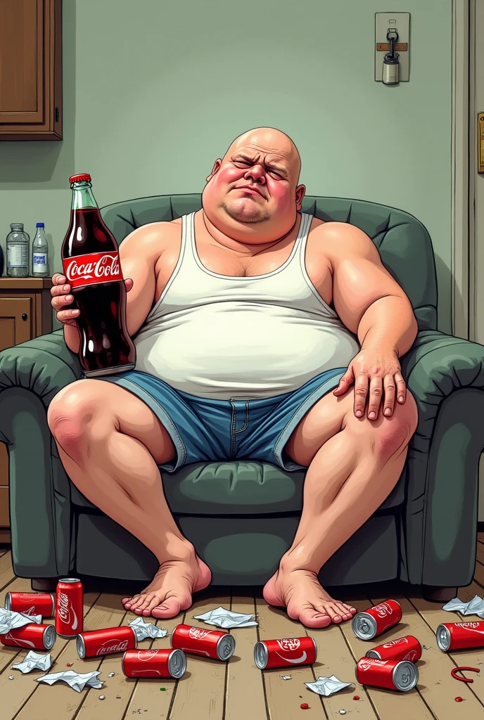 1Personaje Central:Draw a human figure with an expression of discomfort or tiredness, sitting on a sofa or chair. The character could be surrounded by empty Coca-Cola cans and bottles, suggesting excessive consumption.
•The character's body may be exaggeratedly swollen, with a big abdomen and thick arms, symbolizing obesity. The figure might be trying to get up, but it seems to be dragged down by its own weight.
2.sugar belt:The character could t