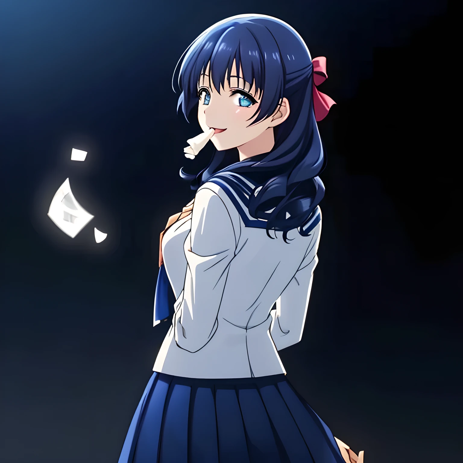 (highest quality, masterpiece, Full HD, High definition, High saturation and contrast to enhance female beauty: 1.2), (Japanese Game CG art of a solo beautiful giggling noble elegant girl is eating completely transparent material with her mouth open and cute long tongue, charming elegantly, Noble Elegant but lecherous salacious insane and lascivious, navy sailor uniform: 1.5), (Just one very beautiful date-game noble heroine who is looking and laughing at the transparent soft-cream, Very detailed cute noble yo heroine's noble eyes and face, Beautiful giggling eyes with detailed: 1.4), (Super-long bottom-eyelashes: 1.2), (Girl whom everyone loves because of her beauty and lovely fashion and noble manner and mind of evil succubus and magical-charm of evil succubus: 1.0), (Very beautiful, wavy, cutely super-super-long dark-dark-blue-dark-blue rich straight hair, with elegant hair ribbons, spreading on whole the screen: 1.3), (Laughing very beautiful and sapphire-blue mature intelligent cute-eyes which charms and enslave me inevitably, with clearly detailed: 1.4), (Eyes are clearly detailed), (very long eyelashes: 1.0), (Realistic noble neat noble school navy-colored sailor uniform with a noble expensive glossy red ribbon on the chest: 1.4), (Realistic Charming neat navy-colored deeply pleated long expensive school skirt: 1.5), (Soprano singer of classic music: 1.6), (Can't stop giggling: 1.6), Clear skin, (Nothing except black background: 1.5), dark-blue hair, (shot from her back: 1.6)