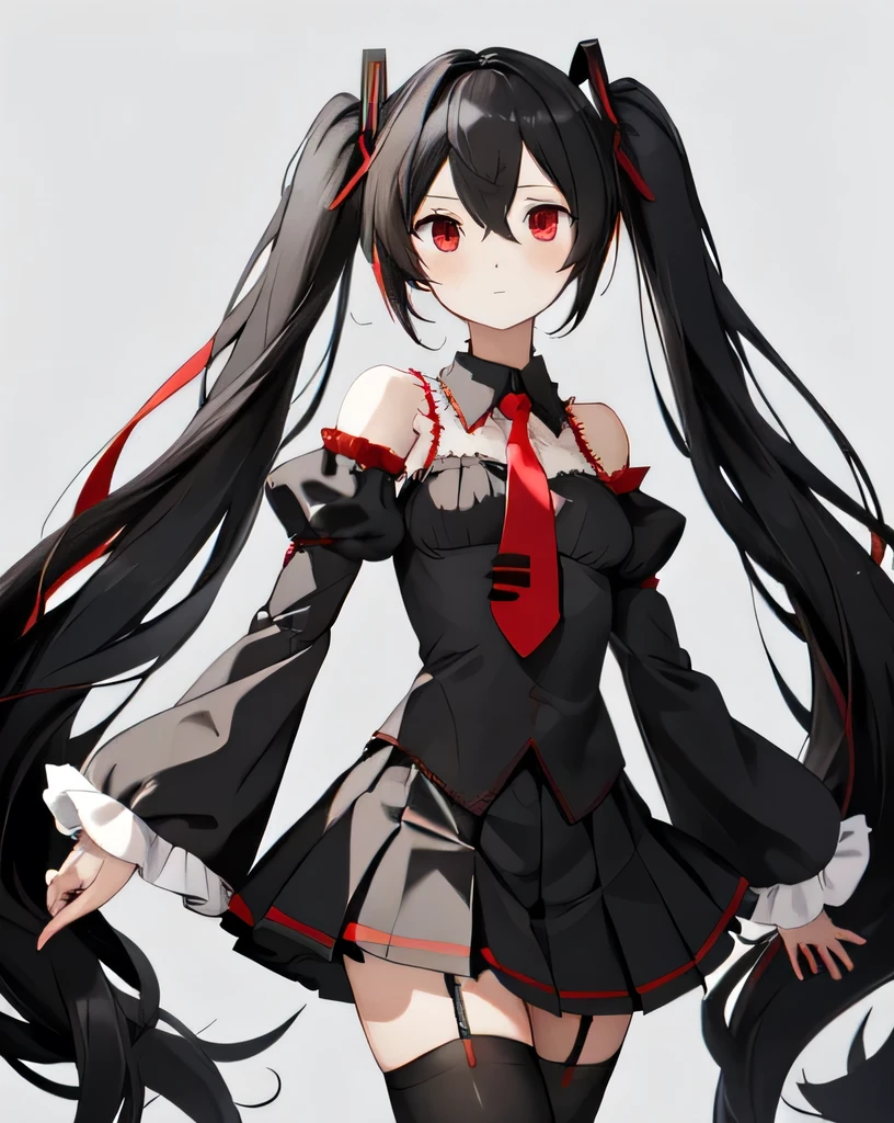 (masterpiece), best quality, expressive eyes, perfect face, thigh boots, black thighhighs, garter straps, zettai ryouiki, fringe, pleated skirt, black skirt, miniskirt, red necktie, puffy sleeves, medium breasts, frilled sleeves, detached sleeves, black sleeves, juliet sleeves, long sleeves, grey shirt, cleavage cutout, red neckwear, grey collar, detached collar, bare shoulders, red eyes, hair between eyes, parted bangs, sidelocks, hair ornament, twintails, black hair, absurdly long hair, zatsune miku