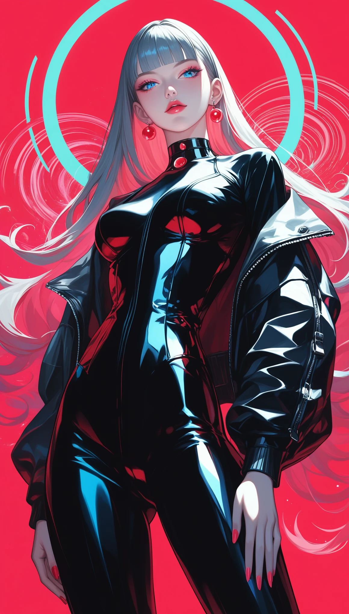 score_9, score_8_up, score_7_up, score_6_up, dark theme,sinozick style,
(Shaped circular red fluorescent luminous special effects background:1.5)(illumination magic department:1.6),(gravure_pose, high contrast,anime coloring,greyscale with red colored background:1.5),leather jacket,leather choker,(1 elegantly dressed aristocratic girl),1girl,(Depth perspective:1.4),(fullbody shot),(side 45° view:1.4),(Blue eyes(/Organ/):1.2),