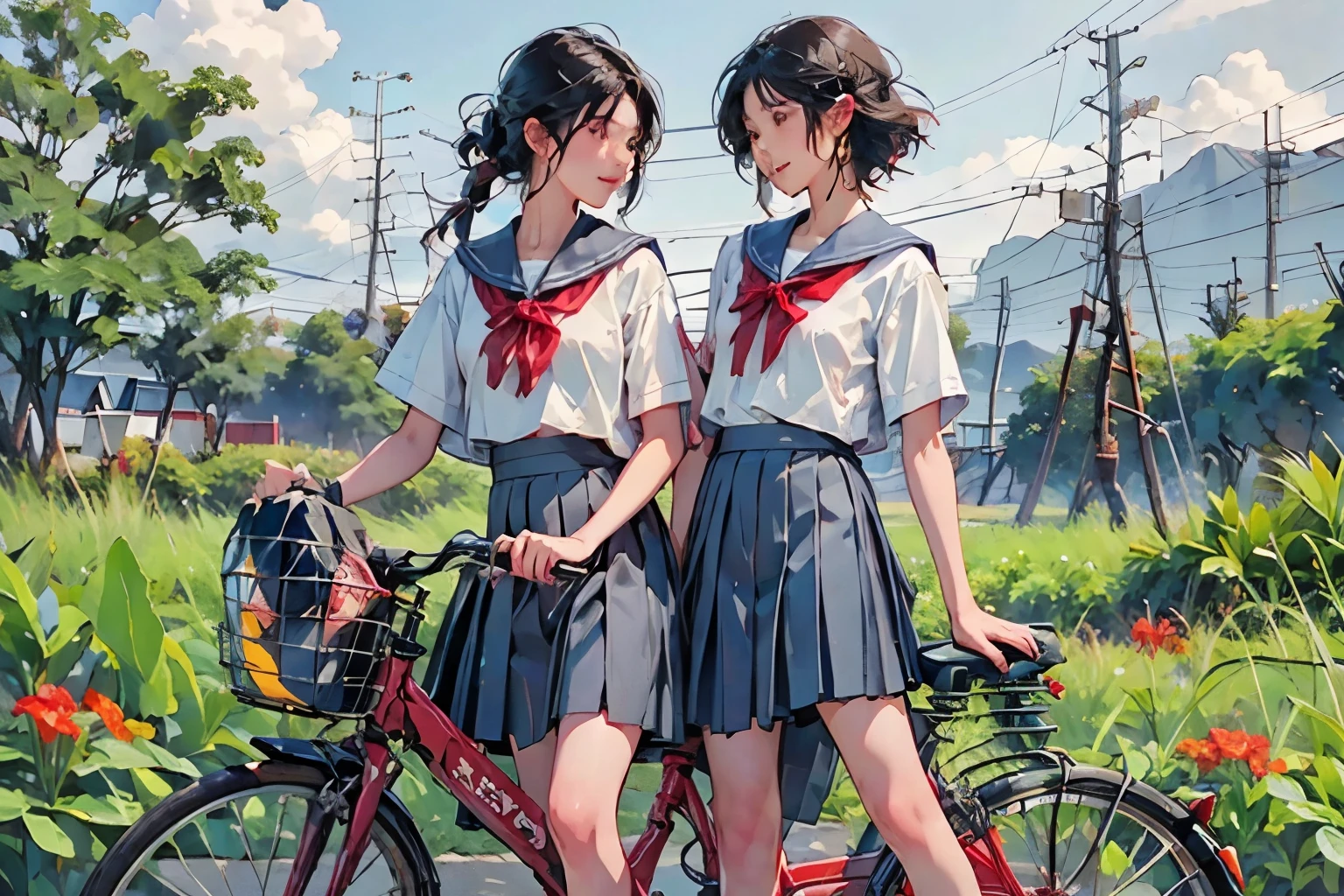 Two girls and two bikes、(Two girls riding bicycles side by side:1.2)、Beautiful Japanese Woman、Hair color is black、black eye、Medium Hair、short hair、Straight hair、smile、Slim but well-proportioned body,、They both wear the same uniform、Sailor suit、Short sleeve、White pleated skirt、Short skirt、Wear loafers、School Bags、summer、(Red canna flowers blooming)、countryside、Long concrete road、A little overgrown grass、electric wire、Beautiful blue sky and white cumulonimbus clouds、Beautiful sea、Birds are flying、Highest quality、detailed、
