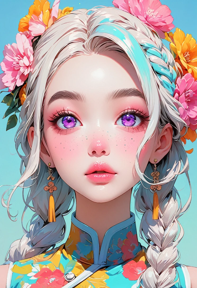 (Highest quality:1.4, City Pop Style, Very detailed, up to date, Vibrant, High Contrast, ), Gal, One person, alone, ((Face Up Shot:1.4)), Neon Color Hair, Braid, Droopy eyes, Long Hairstyles, pastel colour, China dress, flower, Portraiture, asymmetrical bangs, Purple eyes, Cute Face. Lips in Love, Stylish design, Pure light blue background.