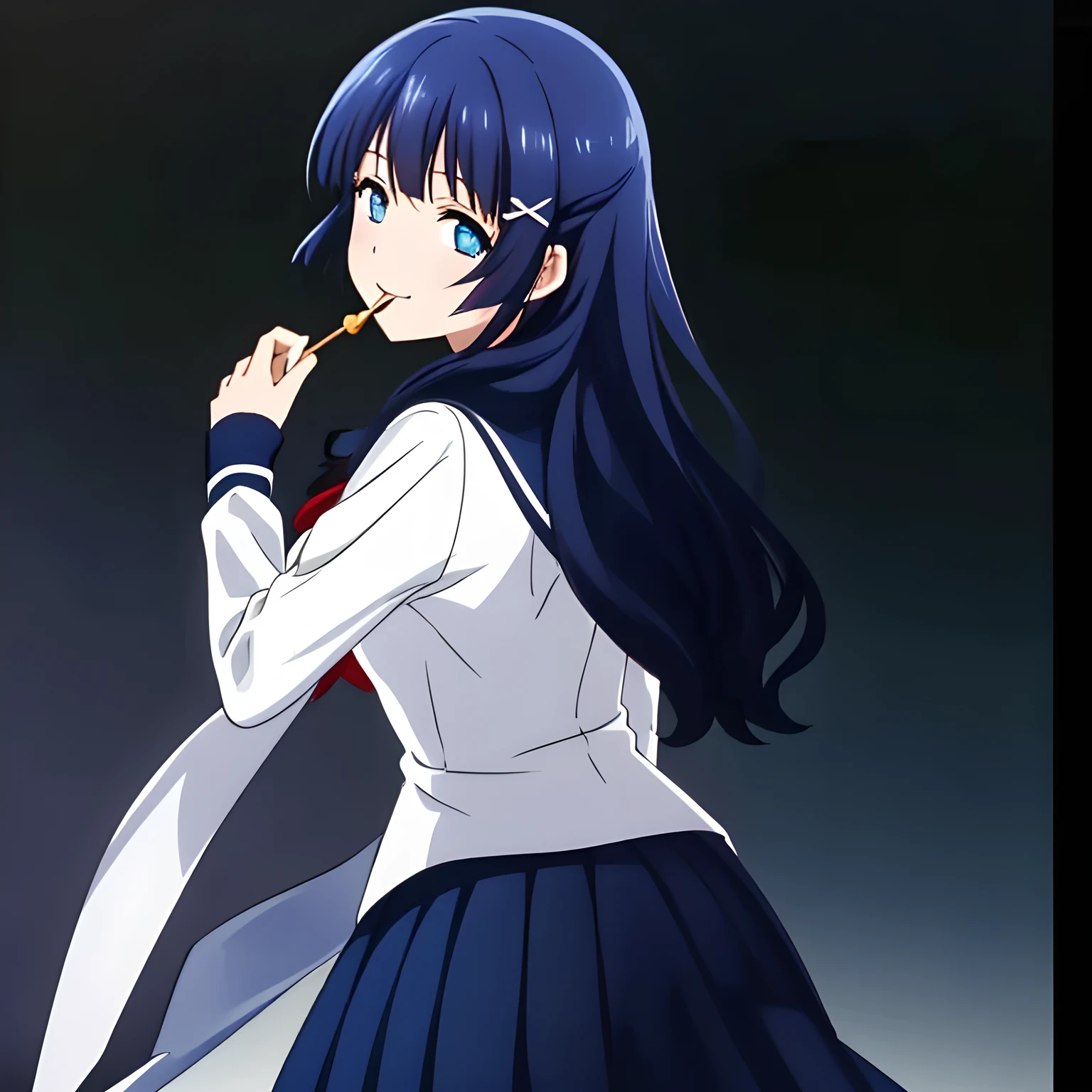 (highest quality, masterpiece, Full HD, High definition, High saturation and contrast to enhance female beauty: 1.2), (Japanese Game CG art of a solo beautiful giggling noble elegant girl is eating completely transparent material with her mouth open and cute long tongue, charming elegantly, Noble Elegant but lecherous salacious insane and lascivious, navy sailor uniform: 1.5), (Just one very beautiful date-game noble heroine who is looking and laughing at the transparent soft-cream, Very detailed cute noble yo heroine's noble eyes and face, Beautiful giggling eyes with detailed: 1.4), (Super-long bottom-eyelashes: 1.2), (Girl whom everyone loves because of her beauty and lovely fashion and noble manner and mind of evil succubus and magical-charm of evil succubus: 1.0), (Very beautiful, wavy, cutely super-super-long dark-dark-blue-dark-blue rich straight hair, with elegant hair ribbons, spreading on whole the screen: 1.3), (Laughing very beautiful and sapphire-blue mature intelligent cute-eyes which charms and enslave me inevitably, with clearly detailed: 1.4), (Eyes are clearly detailed), (very long eyelashes: 1.0), (Realistic noble neat noble school navy-colored sailor uniform with a noble expensive glossy red ribbon on the chest: 1.4), (Realistic Charming neat navy-colored deeply pleated long expensive school skirt: 1.5), (Soprano singer of classic music: 1.6), (Can't stop giggling: 1.6), Clear skin, (Nothing except black background: 1.5), dark-blue hair, (shot from her back or side: 1.6)