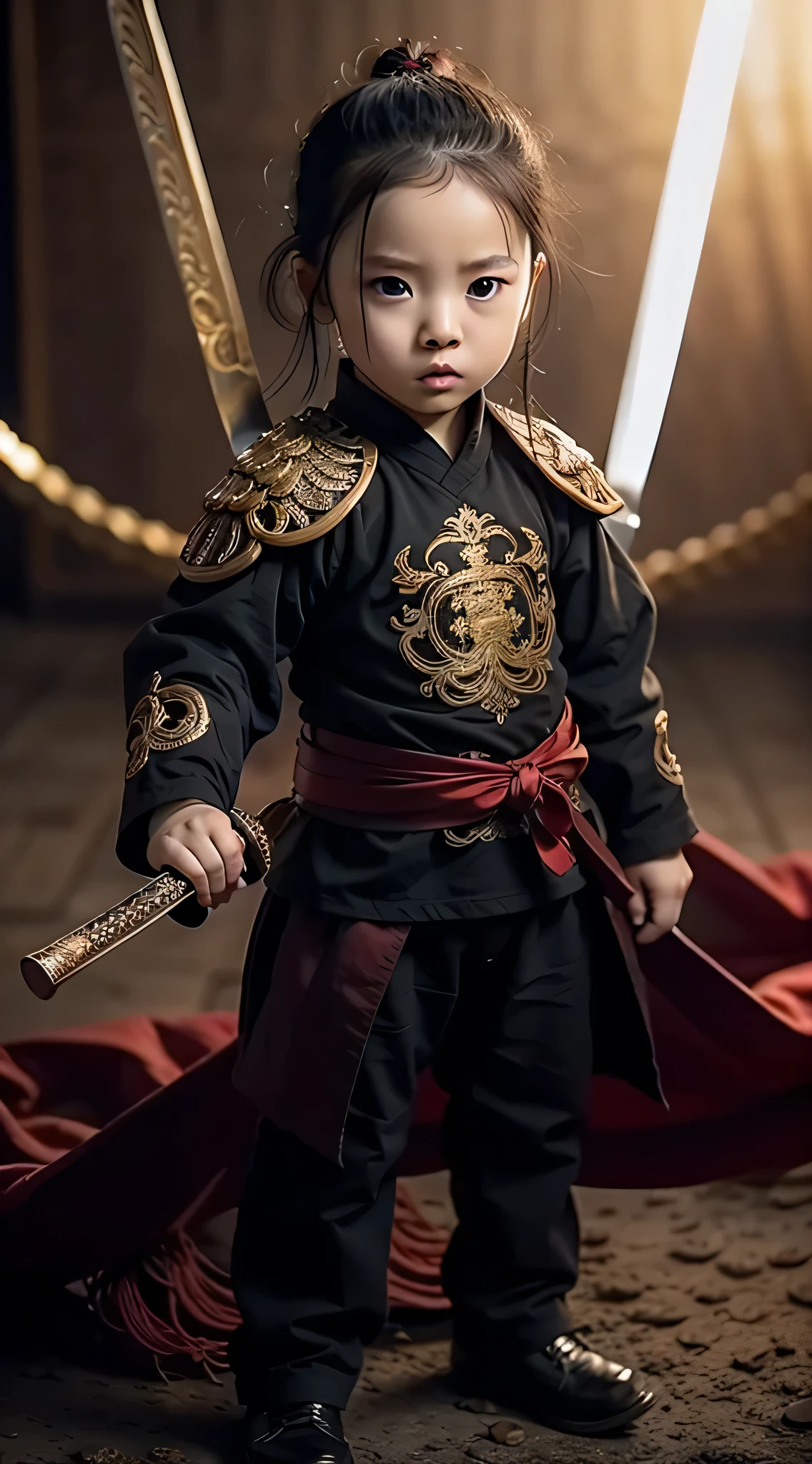 masterpiece, best quality, Reality ,1 baby boy, 5 months old, Holding a Chinese dagger, Wearing black clothing，Full body portrait，RAW photos，main body，8K  UHD，SLR，Soft lighting，high quality，Vision