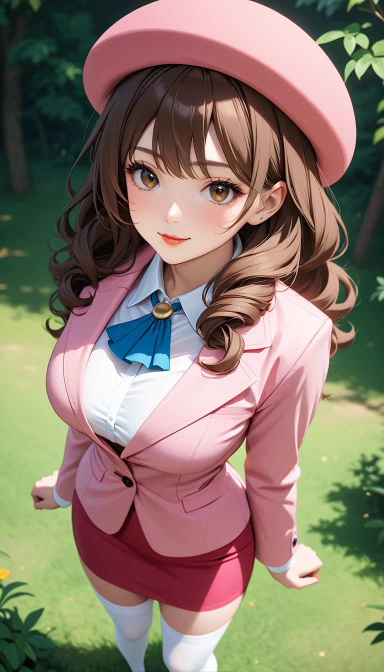 (masterpiece), highest quality, One girl, alone, Pink Suit, Pink jacket, Cleavage, You Nature Women, Medium chest, lips, View Viewer, Are standing posture, Long white socks, Thigh socks, Brown Hair, Long Hair, Curly Hair, Brown eyes, whole body, White shirt, Collared shirt, smile, Mouth closed, rouge lip,Pink business suit,Pink hat,pink skirt、Blue ascot