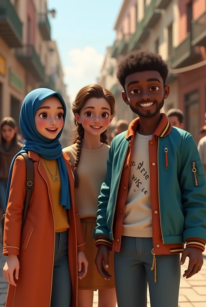 ((3 hijabless man wear jacket), (2 hijabbed woman), (1 hijabless teenage girl)), casual fashion, happy expression, just concentrate, all white skin, crowdless, extreme detail, masterpiece, 4k, gaming character, 3D character, proportional, cinematic lighting