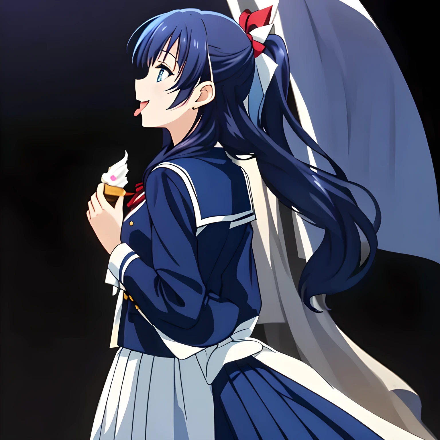 (highest quality, masterpiece, Full HD, High definition, High saturation and contrast to enhance female beauty: 1.2), (Japanese Game CG art of a solo beautiful giggling noble elegant girl is eating completely transparent material with her mouth open and cute long tongue, charming elegantly, Noble Elegant but lecherous salacious insane and lascivious, navy sailor uniform: 1.5), (Just one very beautiful date-game noble heroine who is looking and laughing at the transparent soft-cream, Very detailed cute noble **** heroine's noble eyes and face, Beautiful giggling eyes with detailed: 1.4), (Super-long bottom-eyelashes: 1.2), (Girl whom everyone loves because of her beauty and lovely fashion and noble manner and mind of evil succubus and magical-charm of evil succubus: 1.0), (Very beautiful, wavy, cutely super-super-long dark-dark-blue-dark-blue rich straight hair, with elegant hair ribbons, spreading on whole the screen: 1.3), (Laughing very beautiful and sapphire-blue mature intelligent cute-eyes which charms and enslave me inevitably, with clearly detailed: 1.4), (Eyes are clearly detailed), (very long eyelashes: 1.0), (Realistic noble neat noble school navy-colored sailor uniform with a noble expensive glossy red ribbon on the chest: 1.4), (Realistic Charming neat navy-colored deeply pleated long expensive school skirt: 1.5), (Soprano singer of classic music: 1.6), (Can't stop giggling: 1.6), Clear skin, (Nothing except black background: 1.5), Wind blows from her back, (shot from her back or side: 1.6)