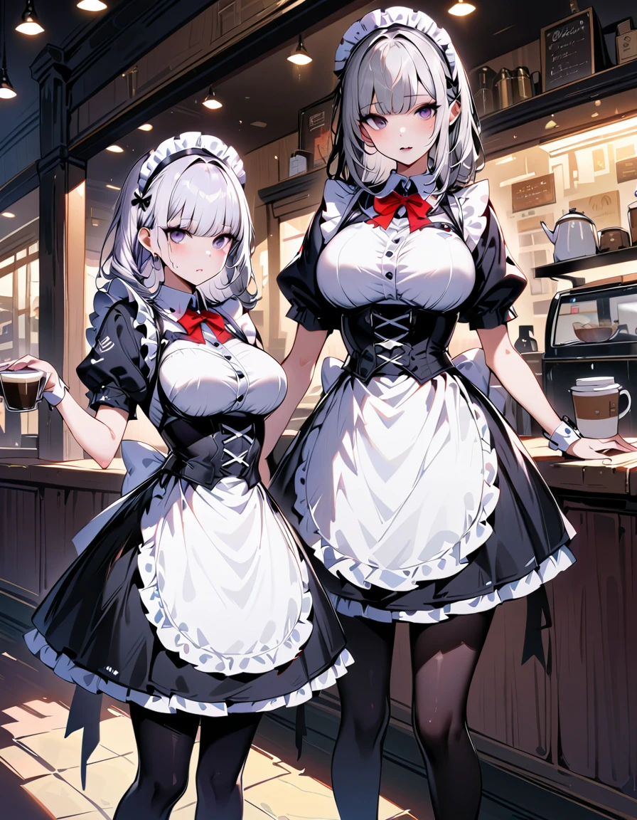 Young beautiful woman,(Highest quality,Extremely detailed depiction,Incredibly absurd high resolution,Anatomically accurate depiction,Curvy Legs,Shiny skin,Porcelain-like skin),(Black and white gothic maid outfit,Maid Skirt,corset,black tights),eyelash,(Silver Hair,Black Eyes,Eyes half closed:1.5,Unfriendly look,Large Breasts,Glossy black lips:1.2,Heavy makeup),Sweat:0.8,(whole body),background:Inside the maid cafe:1.5,Bright atmosphere,coffee,Other women dressed as maids,Pose to welcome guests