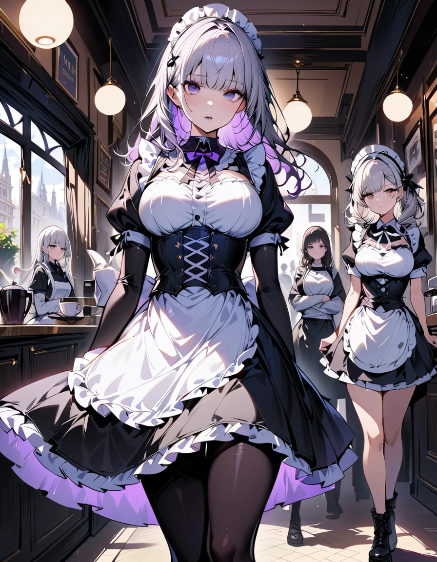 Young beautiful woman,(Highest quality,Extremely detailed depiction,Incredibly absurd high resolution,Anatomically accurate depiction,Curvy Legs,Shiny skin,Porcelain-like skin),(Black and white gothic maid outfit,Maid Skirt,corset,black tights),eyelash,(Silver Hair,Black Eyes,Eyes half closed:1.5,Unfriendly look,Large Breasts,Glossy black lips:1.2,Heavy makeup),Sweat:0.8,(whole body),background:Inside the maid cafe:1.5,Bright atmosphere,coffee,Other women dressed as maids,Pose to welcome guests