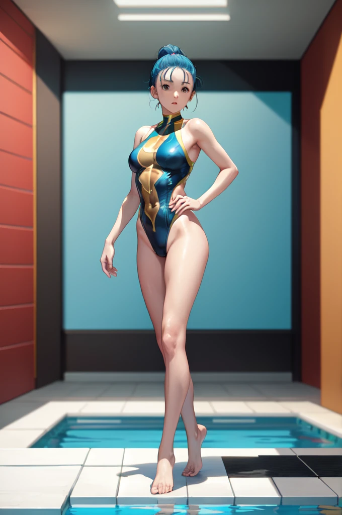 Solo, indoor pool, Nera, gold leotard swimsuit, full body