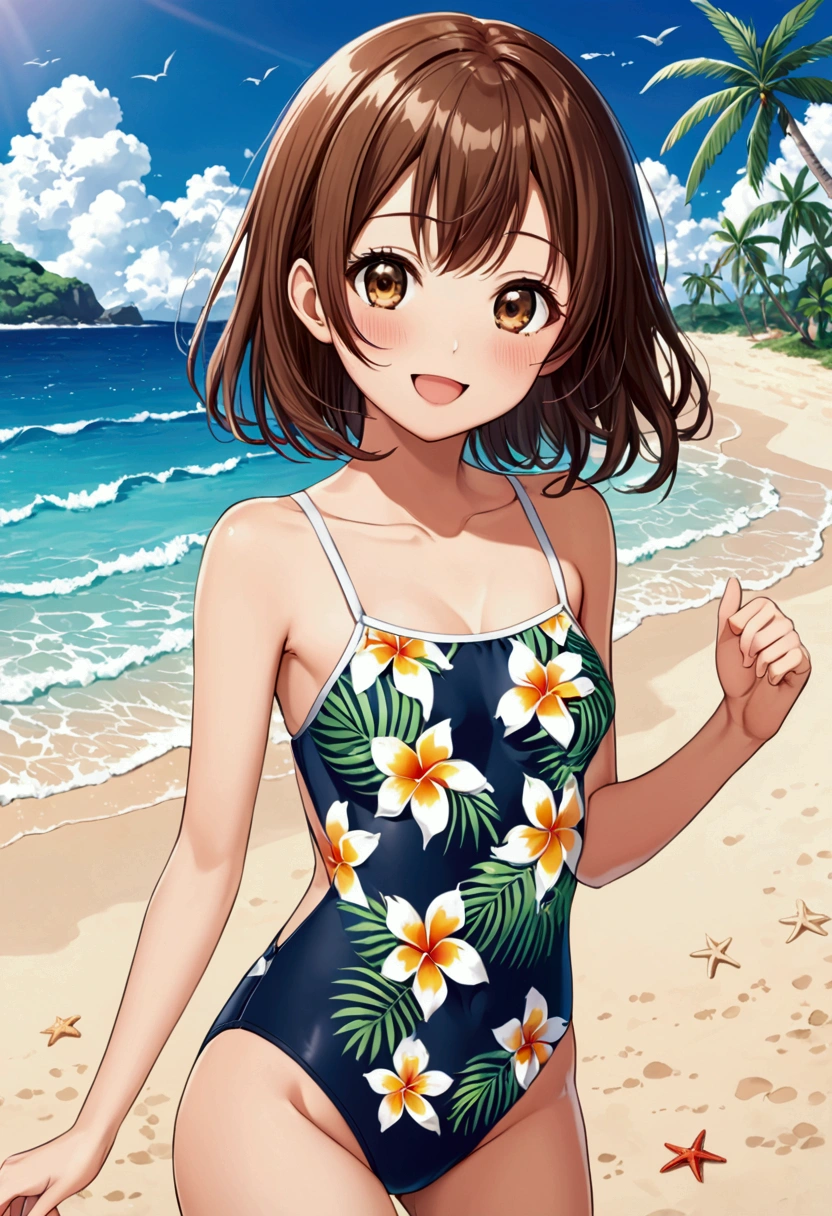 A cute anime girl, one-piece swimsuit, brown hair, brown eyes, cute face, small breasts, slim legs, slender body, looking at viewer, smile, blush, open mouth, tropical beach, cowboy shot, cute eyes