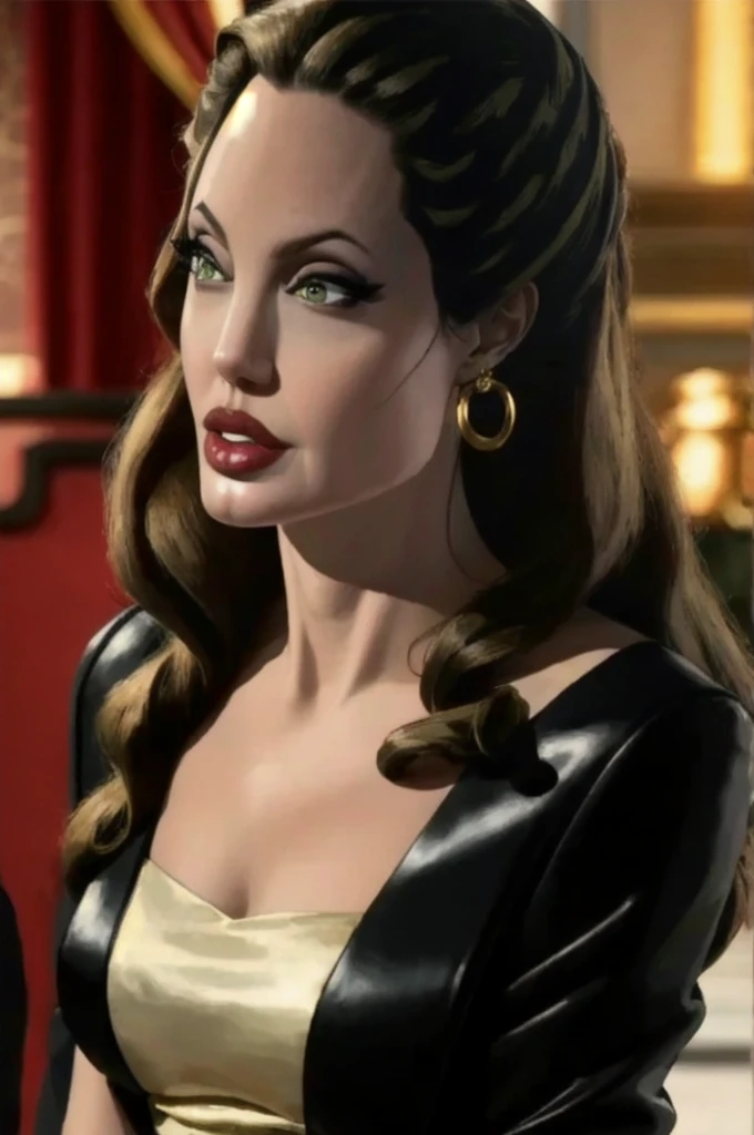 beautiful woman, angelina jolie, 4nj0lie-180, asami, long hair, green eyes, yor_briar, red eyes, hairband, jewelry, earrings, dress, hair ornament, gold hairband, light skin, black hair, red sweater dress, makeup, eyeshadow, lipstick, classic beauty, elegant, classy, black leather jacket, slim, curvy body,