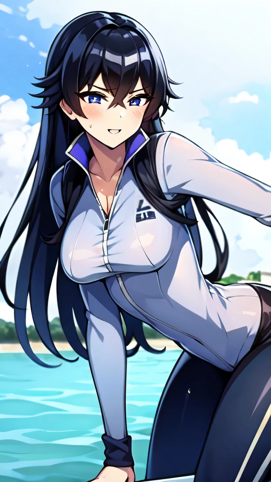 （（super high quality,））（（Ultra-high resolution,））（16K,）（super masterpiece,）（（Ultra HD ,））（Detailed shading,）（（Full Color,））Upper body photo,Sea in clear skies,Looking up from below,One Girl,（（A shiny navy blue skin-tight sweatsuit,Open from neck to chest:1.8,popped Tight open collar:1.6,Long sleeve,））sexly,（Straight black long hair）,Bangs cross in front of the forehead,smile,blush,Sharp eyes,A lot of water splashing from below,Soaking wet,Sweaty,Open your legs a little,Leaning forward greatly,Put your hands on your hips,