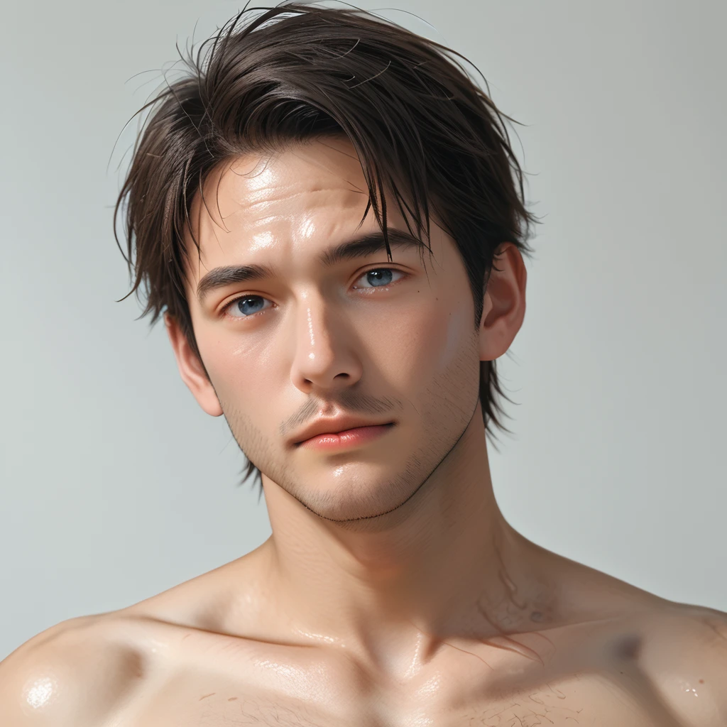 Generate a strong man, spotted, appealing, wearing no shirt, brown hair, eyes browns, brown color, curled hair, sexualized style only 1 man Solo, high resolution, shorth hair, simple background, cloused mouth, minimalism, precise, Masterpiece artwork, high resolution, best qualityer,