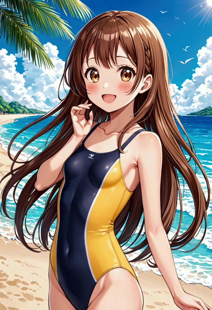 A cute anime girl, one-piece swimsuit, brown hair, brown eyes, cute face, small breasts, slim legs, slender body, looking at viewer, smile, blush, open mouth, tropical beach, cowboy shot, cute eyes, arms behind back, very long hair, excited 