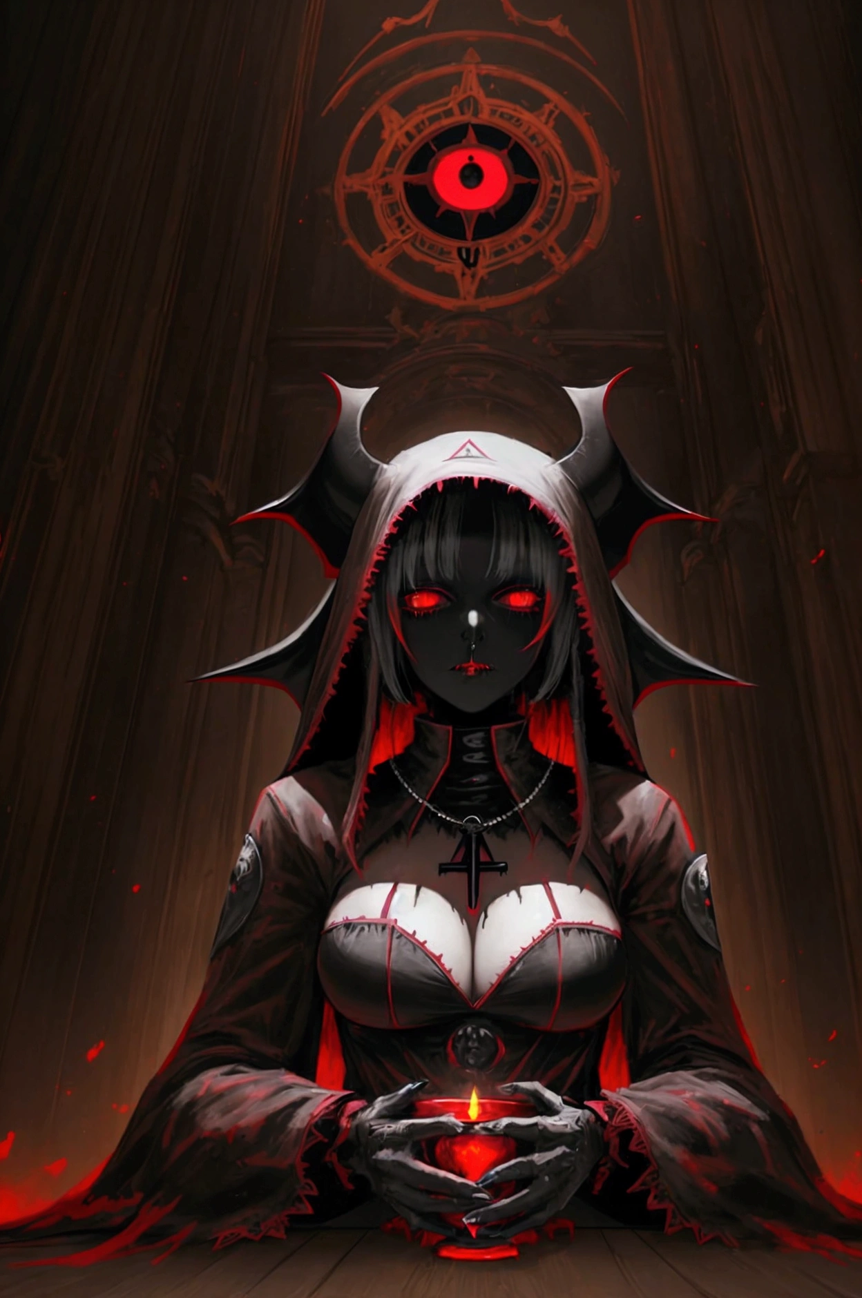 (Sexy Jamaican Gothic Devil Nun), dark, mysterious, Fascinating, Hauntingly beautiful, (Detailed facial features, Brutal painting, Sharp Eye, dark red lips), Tattered flowing robes, Reverse Cross Necklace, Sensual, Fascinatingポーズ, (Candlelight background, Ominous atmosphere), (Highest quality, High resolution, Very detailed), (Gothic art, oil, dark fantasy), (Dramatic lighting, Shadow, Mysterious glow), (black and red color scheme, Strong contrast), (Beautifully constructed, Intricate details), (Evokes a sense of desire and forbidden attraction).