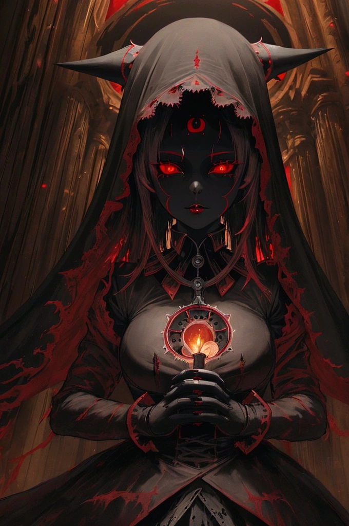 (Sexy Jamaican Gothic Devil Nun), dark, mysterious, Fascinating, Hauntingly beautiful, (Detailed facial features, Brutal painting, Sharp Eye, dark red lips), Tattered flowing robes, Reverse Cross Necklace, Sensual, Fascinatingポーズ, (Candlelight background, Ominous atmosphere), (Highest quality, High resolution, Very detailed), (Gothic art, oil, dark fantasy), (Dramatic lighting, Shadow, Mysterious glow), (black and red color scheme, Strong contrast), (Beautifully constructed, Intricate details), (Evokes a sense of desire and forbidden attraction).