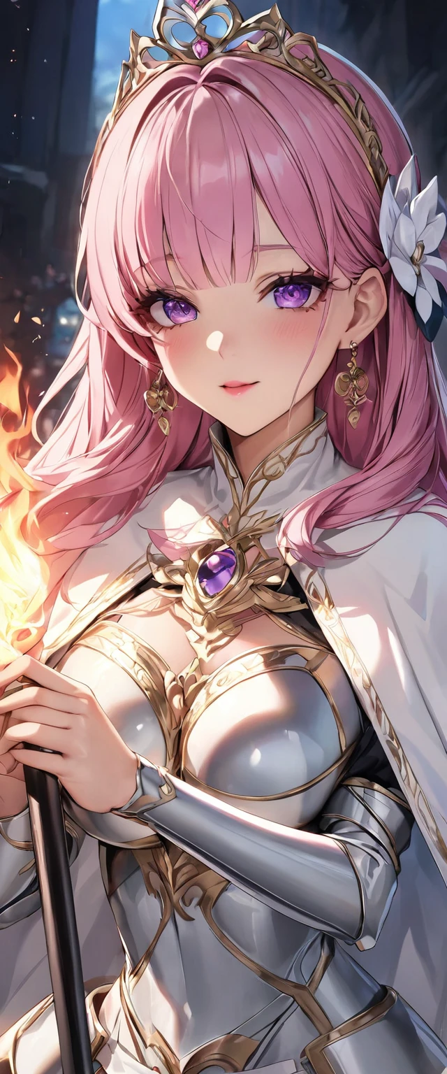 (Perfect Anatomy)、Mastepiece、Ultra High Quality、 8k、masterpiece、Highest quality、Ultra-high resolution、Maximum resolution、Very detailed、Professional Lighting、anime、woman、thin、Very beautiful face、Beautiful eyes、(Highly detailed eye)、Highly detailed face,、Armored Dress、Pink full plate armor、Shiny Armor、White decoration、Gorgeous tiara、Golden earrings、Frilly Armor、Pink Hair、Purple Eyes、Pink Lips、Luxurious cane、Gorgeous book、White cloak、Priestess、