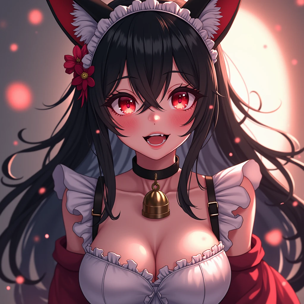 (Fox Girl, Fox Ears, Black Hair, Fox Makeup, One Woman, Long Hair:1.6), (Red leotard, I can see her cleavage, Skin is visible:1.8), (Body size is 100-70-90!, Nice body, Big Breasts, Big breasts, Emphasize the chest:1.9), Avatar, face, lewd face, Dominant representation, naughty face, Uplifting, Skin Texture, outside, Grassy field