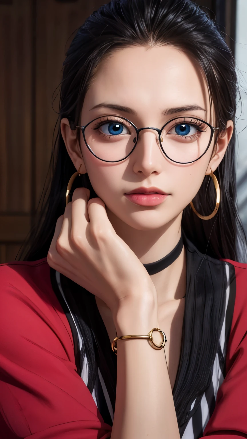 masterpiece, highest quality, Beautiful woman, whole body, Detailed hairstyle, I was sweating, Hoop Earrings, golf bangle, choker, Mature Woman, indoor, nico robin, sunglasses, Wear glasses on your head, Long Hair, big breasts long_Tracksuits, Yoga pants，（8k，RAW Photos），（Best Quality），（Masterpiece Loose），（Realistic，）（Realistic），（High resolution），Hyper Detail，（Gentle Realism：1.1），Beautiful Face， （1 Female：1.1），High resolution), (8k), (Very detailed), (4K), (Pixiv), Perfect Face, Beautiful eyes and face, (highest quality), (Very detailed), Detailed face and eyes, (alone), Textured skin, absurdes, High resolution,