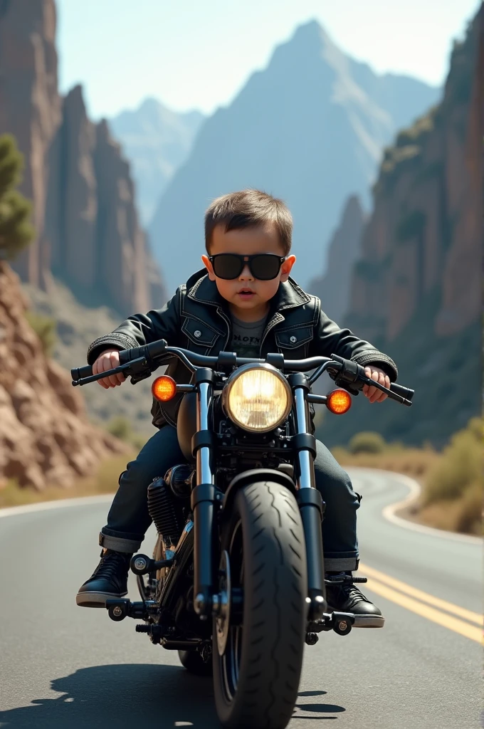 Child boy in sunglasses on motorbike, Disney estilo Pixar, highes definition, alta qualidade