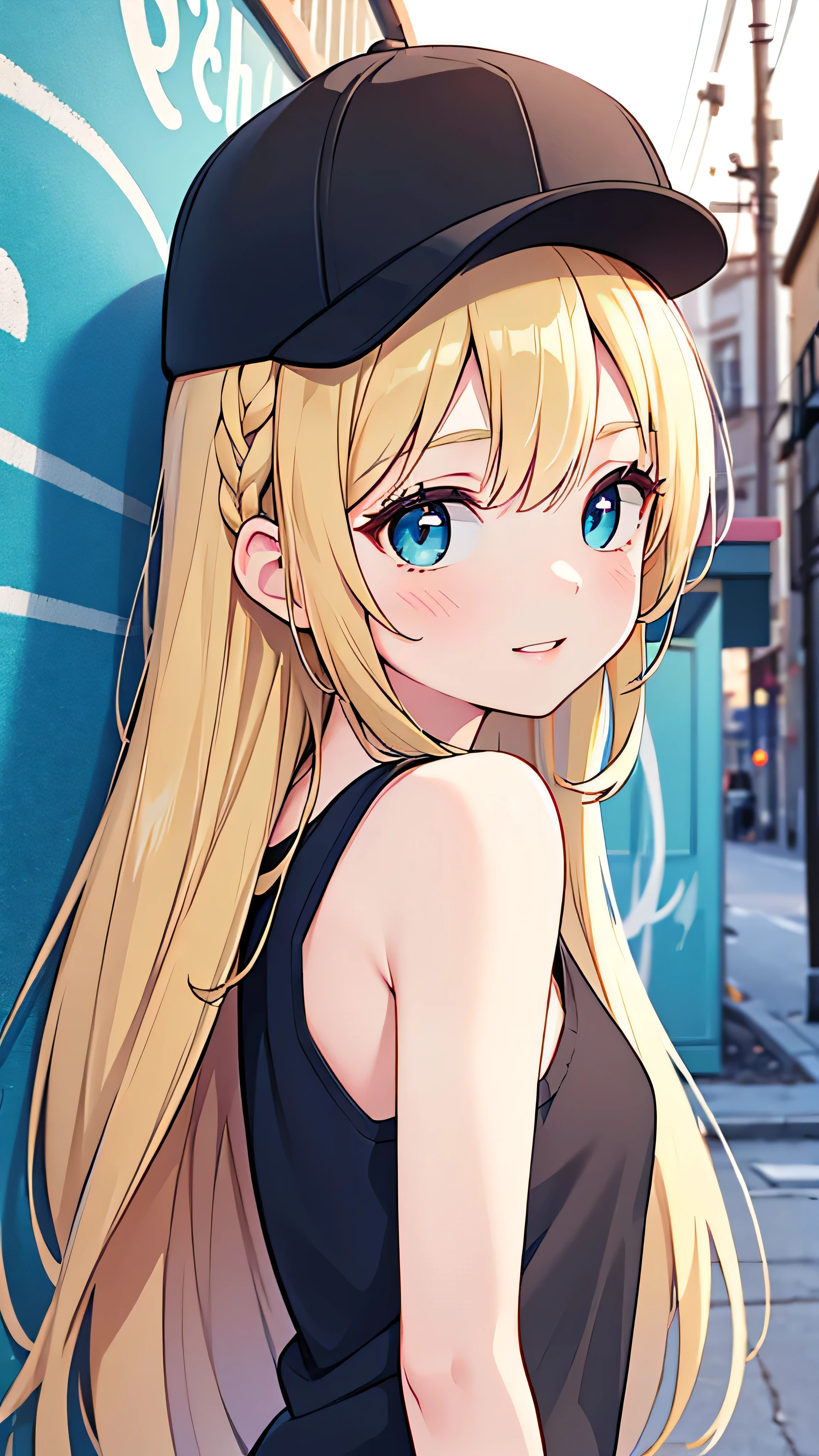 A young anime woman with long blonde hair in braids, wearing a teal hoodie, white tank top, and a black baseball cap, standing in an alleyway with graffiti on the walls, the sun shining brightly and casting a warm glow on her face, with a slight smile and looking off to the side, wearing a few bracelets on her left wrist, with blue eyes, fair skin, a small delicate nose and full lips, in her late teens or early twenties, (best quality,4k,8k,highres,masterpiece:1.2),ultra-detailed,(realistic,photorealistic,photo-realistic:1.37),extremely detailed facial features, detailed eyes, detailed lips, detailed hands, delicate facial features, beautiful detailed eyes,beautiful detailed lips,extremely detailed eyes and face,longeyelashes,photorealistic portrait,warm lighting,natural lighting,dynamic pose,street alley,urban setting,vibrant colors,detailed environment