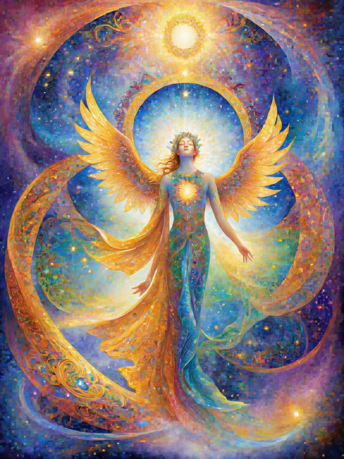 A celestial being emerges from the heart of a colorful nebula, its luminous form reflecting the vibrant tones of cosmic expansion. Crie uma obra de arte que ressoe com o espanto e a maravilha da beleza interestelar