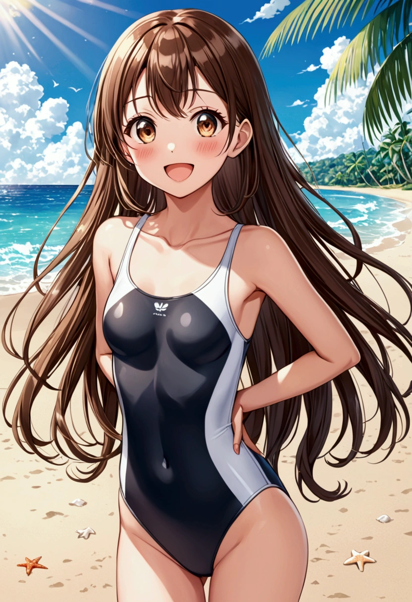 A cute anime girl, one-piece swimsuit, brown hair, brown eyes, cute face, small breasts, slim legs, slender body, looking at viewer, smile, blush, open mouth, tropical beach, cowboy shot, cute eyes, arms behind back, very long hair, excited, highleg 