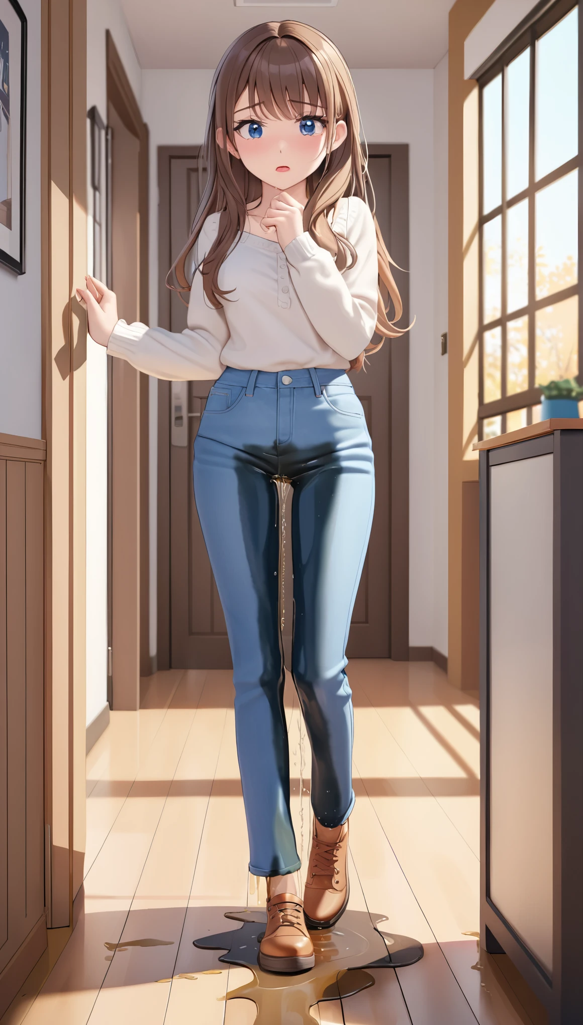 ((best quality, masterpiece:1.3, 8K)), (detailed), highly detailed face and skin texture, detailed eyes, full body, indoor, daytime, autumn, (slender body:1.1), 1girl, (solo), white skin, bright lips, worried, embarrassed, panicking, long hair, boho outfit, medium breast, (jeans pants:1.2, blue jeans:1.2), (wetting herself:2.0), 