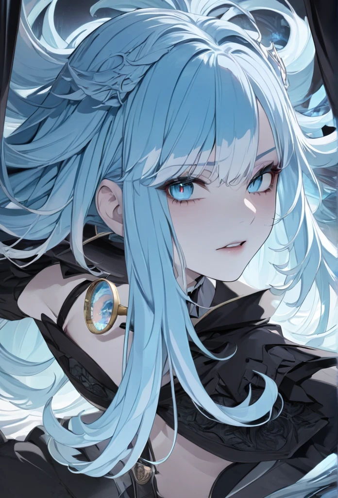 expressions, serious, high detail, anime, Gothic art, anime style, UHD, retina, masterpiece, accurate, anatomically correct, textured skin, super detail, high details, high quality, award winning, best quality, highres, 8k, 16k, anime girl, light blue hair, detective, dark fantasy,  darkness, shadow, minimal lighting, detailed eyes detailed pupils, detective costume, investigate, magnifying glass, solo, investigate, dynamic pose, wide shot, half body, night city bakground