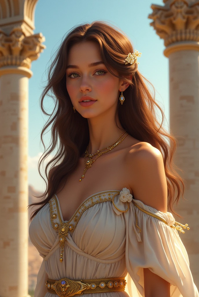 22 year old girl, Dark brown hair, brown eyes and dark skin , dressed in white dress, purple velvet tunic and crown of state