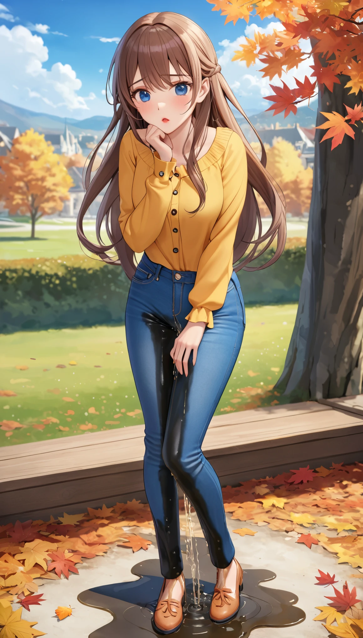 ((best quality, masterpiece:1.3, 8K)), (detailed), highly detailed face and skin texture, detailed eyes, full body, outdoor, daytime, autumn, (slender body:1.1), 1girl, (solo), white skin, bright lips, worried, embarrassed, panicking, long hair, boho outfit, medium , (jeans pants:1.2, blue jeans:1.2), (wetting herself:2.0),
